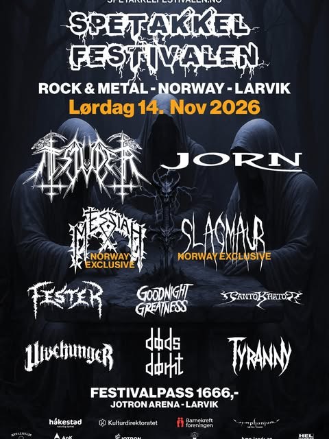 Plakat for Spetakkelfestivalen 2026 med Tsjuder, Jorn, Slagmaur og Tyranny